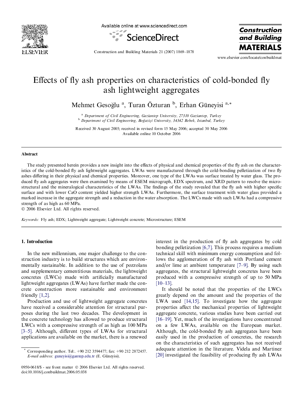 Effects of fly ash properties on characteristics of cold-bonded fly ash lightweight aggregates