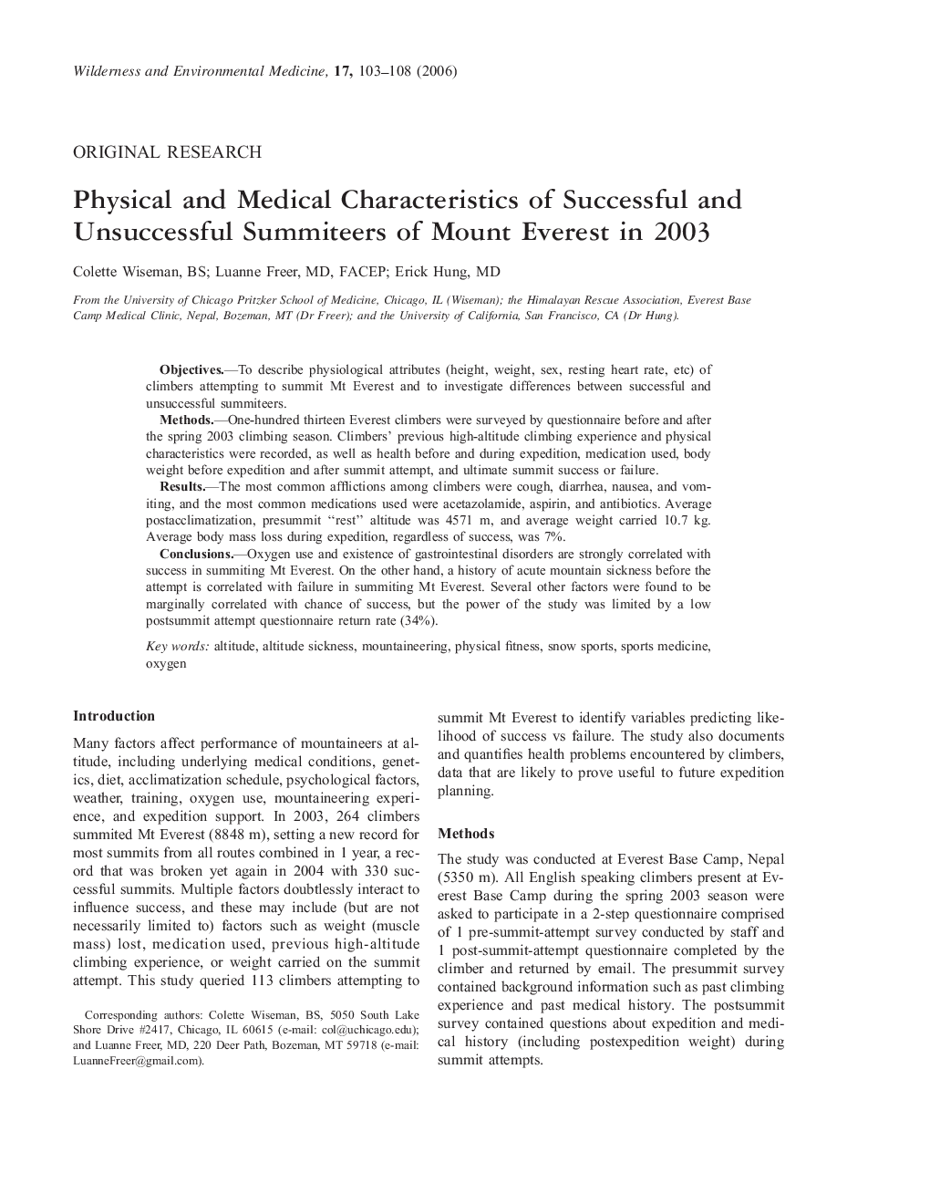 Physical and Medical Characteristics of Successful and Unsuccessful Summiteers of Mount Everest in 2003