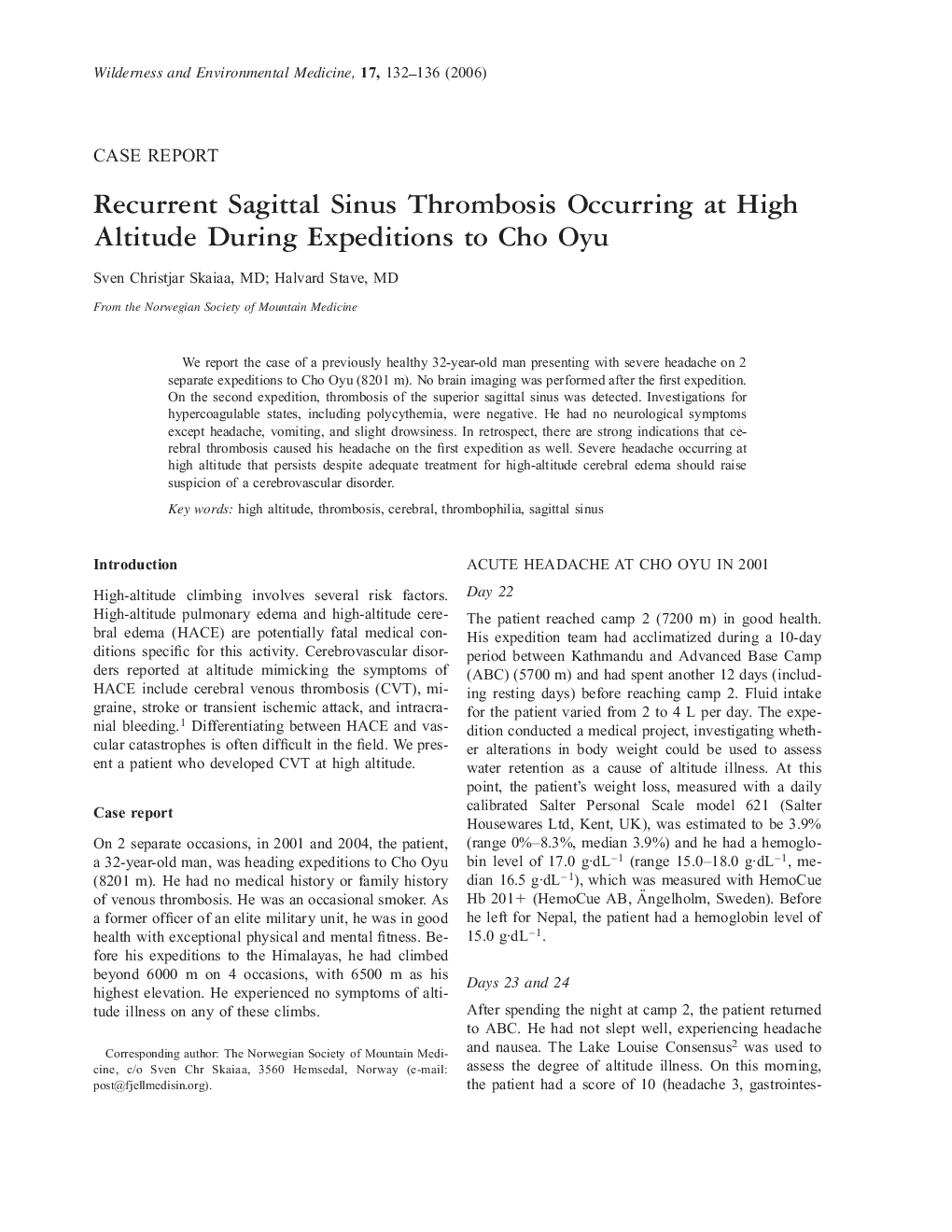 Recurrent Sagittal Sinus Thrombosis Occurring at High Altitude During Expeditions to Cho Oyu