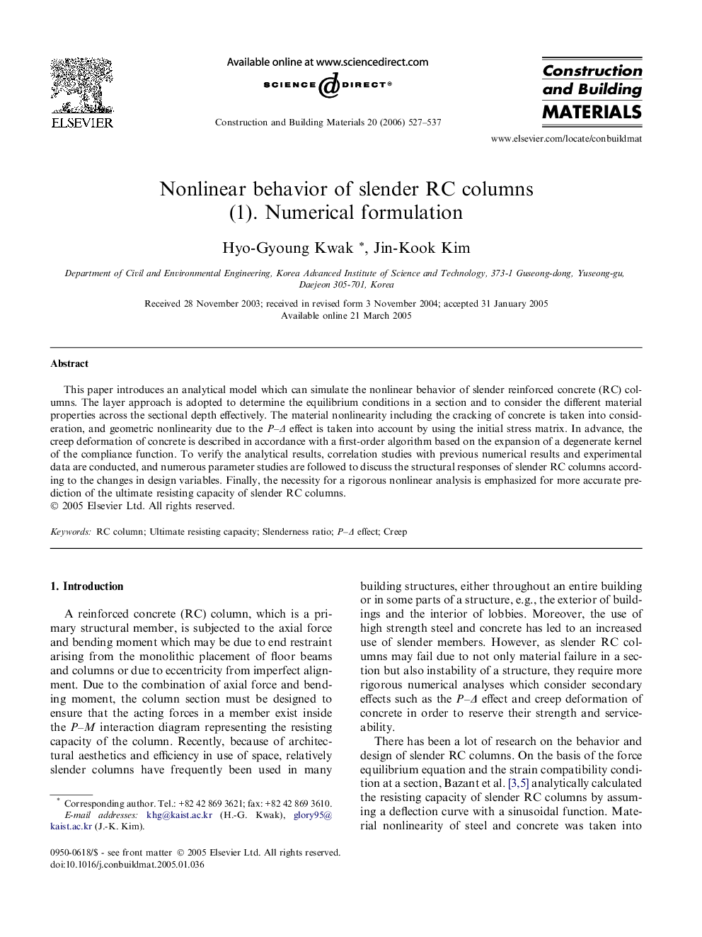 Nonlinear behavior of slender RC columns: (1). Numerical formulation