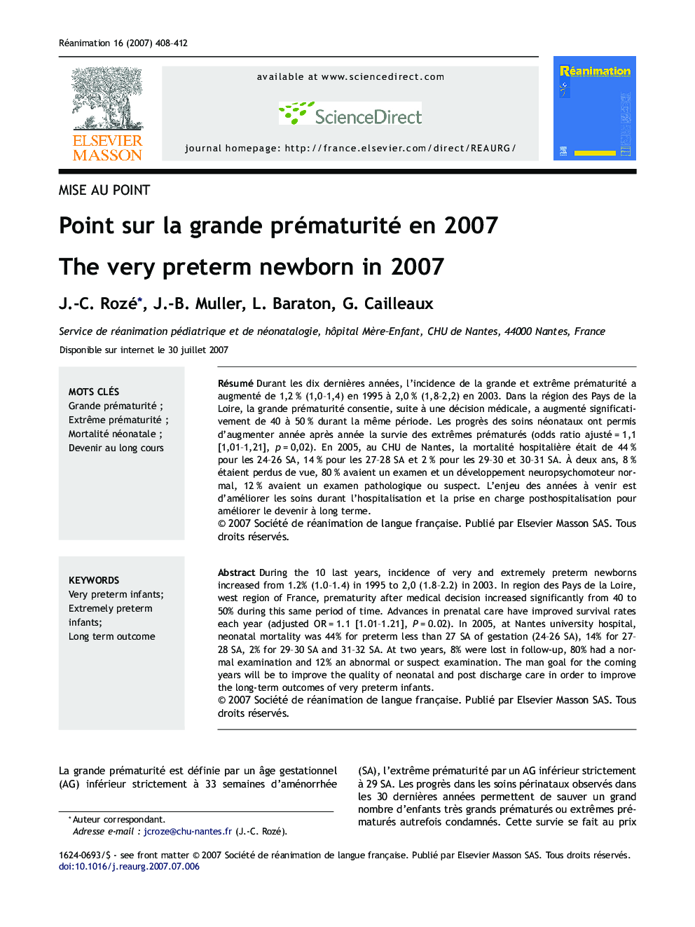 Point surÂ laÂ grande prématurité enÂ 2007