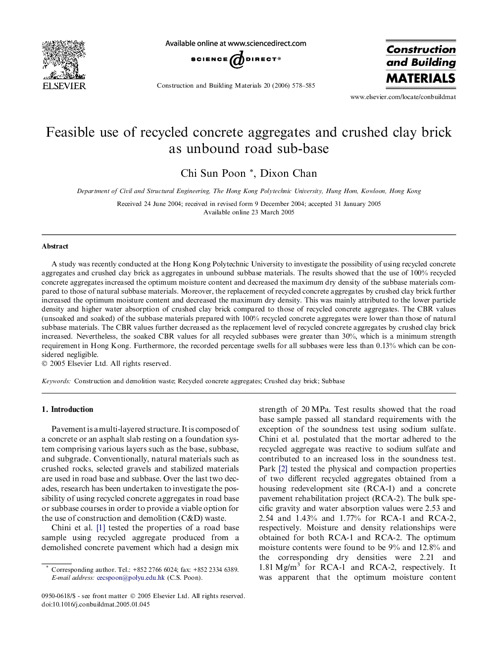 Feasible use of recycled concrete aggregates and crushed clay brick as unbound road sub-base