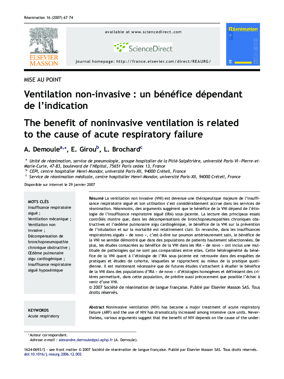 عکس صفحه اول مقاله: Ventilation non-invasive : un bénéfice dépendant de l'indication Ventilation non-invasive : un bénéfice dépendant de l'indication