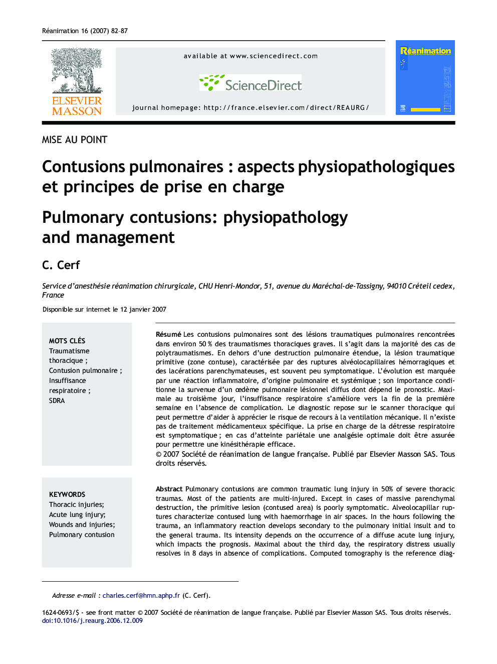 Contusions pulmonairesÂ : aspects physiopathologiques etÂ principes deÂ prise enÂ charge