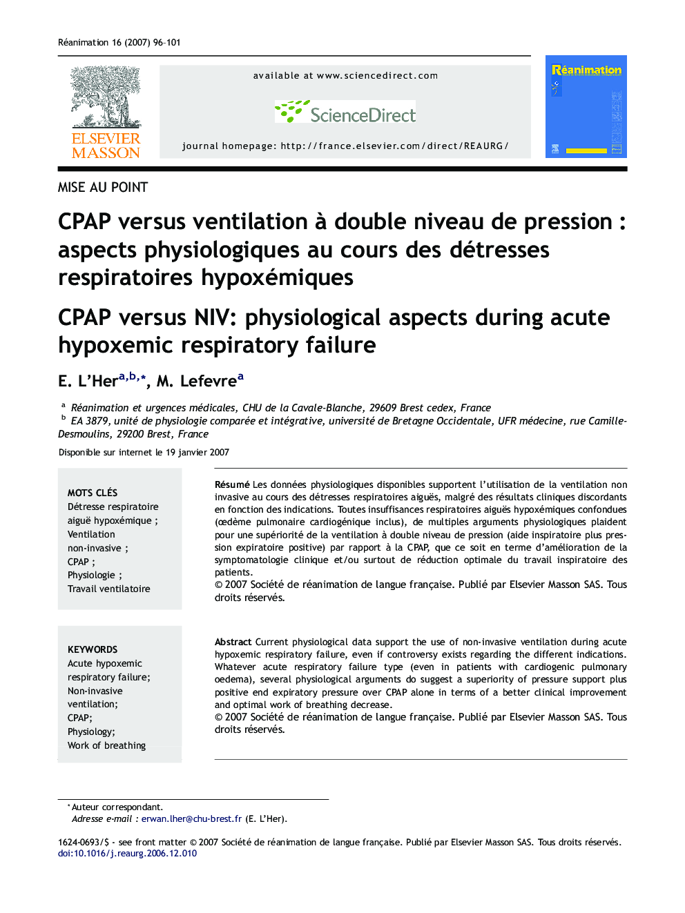 CPAP versus ventilation Ã Â double niveau deÂ pressionÂ : aspects physiologiques auÂ cours desÂ détresses respiratoires hypoxémiques