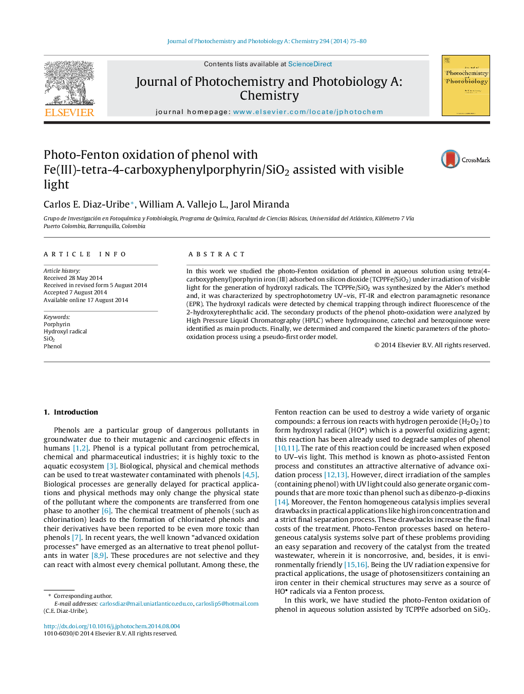 Photo-Fenton oxidation of phenol with Fe(III)-tetra-4-carboxyphenylporphyrin/SiO2 assisted with visible light