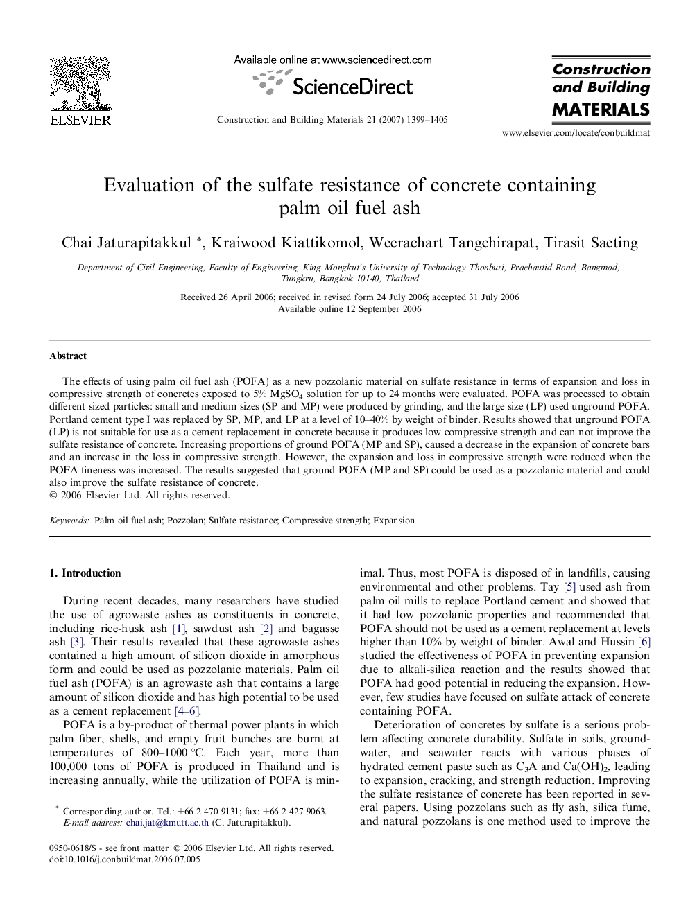 Evaluation of the sulfate resistance of concrete containing palm oil fuel ash