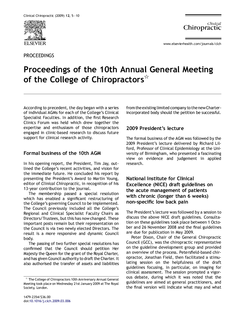 Proceedings of the 10th Annual General Meeting of the College of Chiropractors