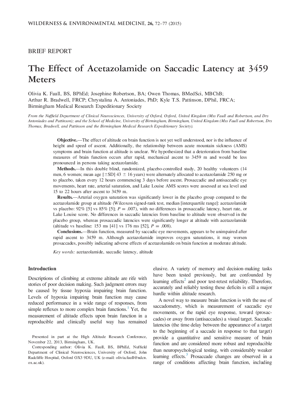 The Effect of Acetazolamide on Saccadic Latency at 3459 Meters 