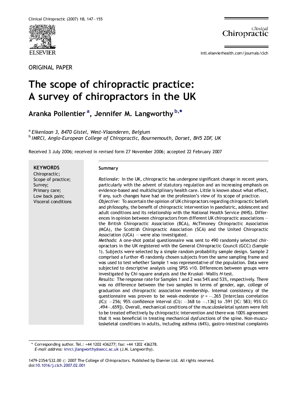 The scope of chiropractic practice: A survey of chiropractors in the UK