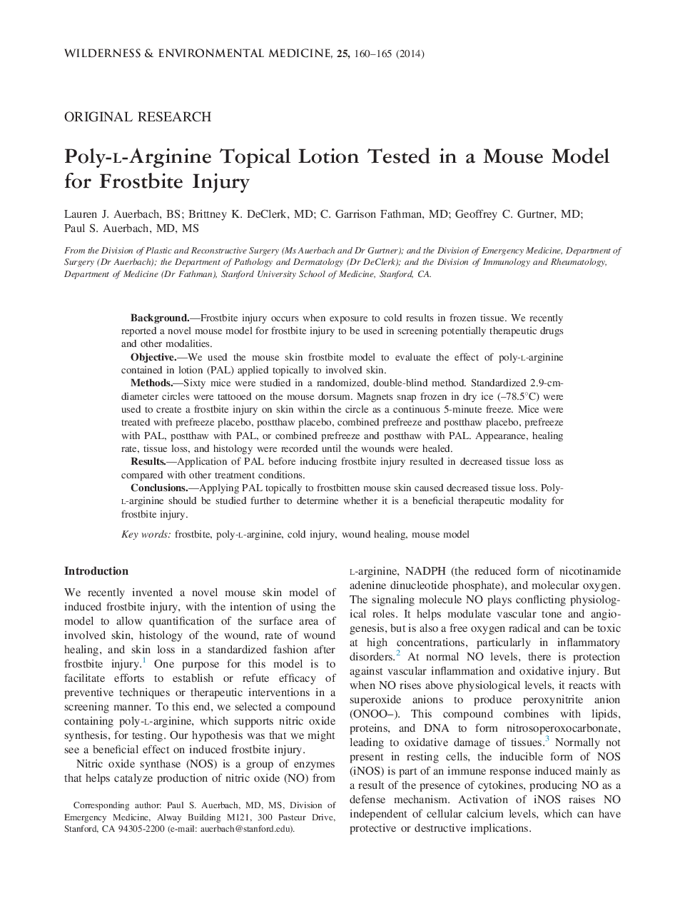 Poly-l-Arginine Topical Lotion Tested in a Mouse Model for Frostbite Injury