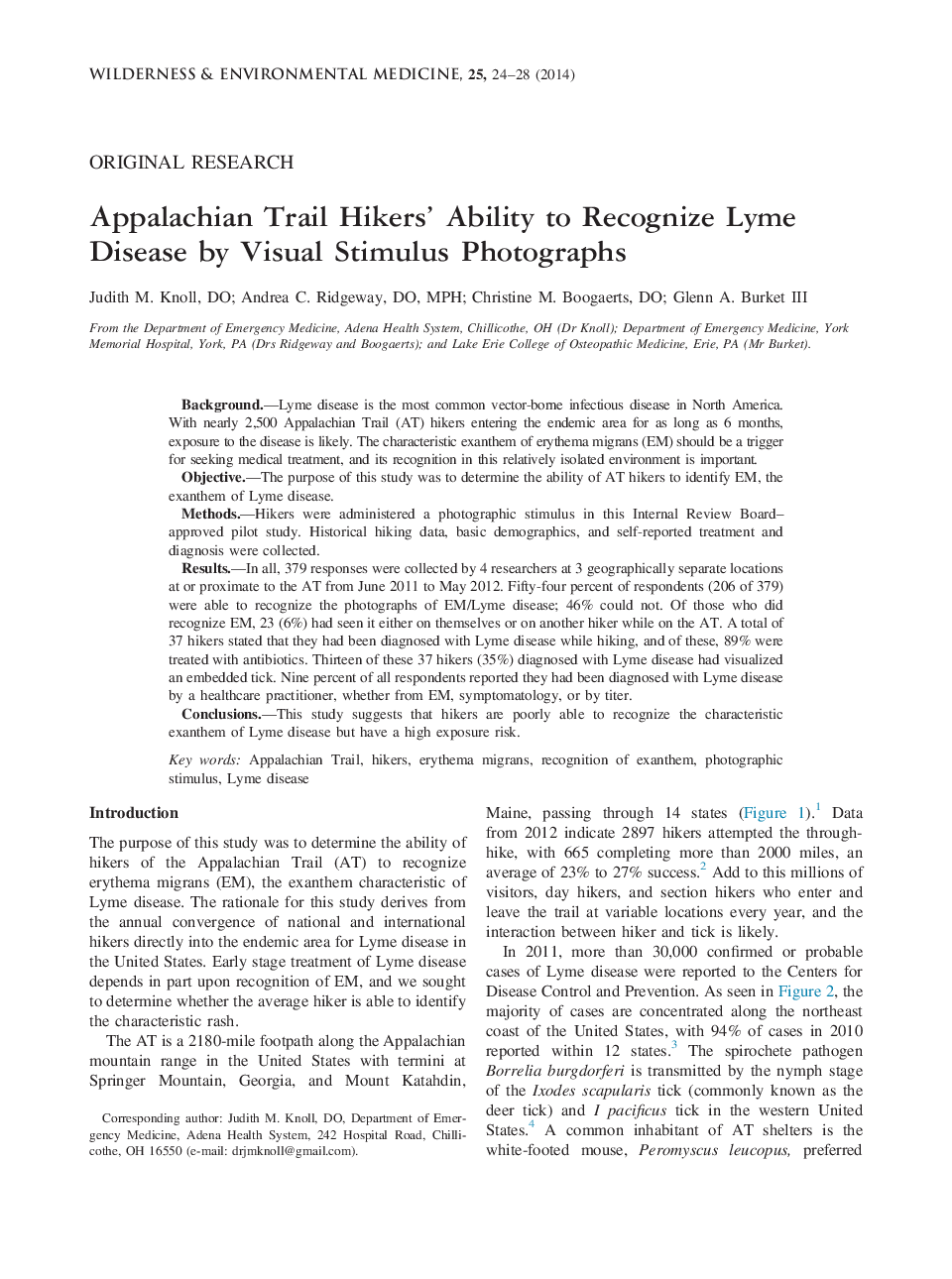 Appalachian Trail Hikers’ Ability to Recognize Lyme Disease by Visual Stimulus Photographs