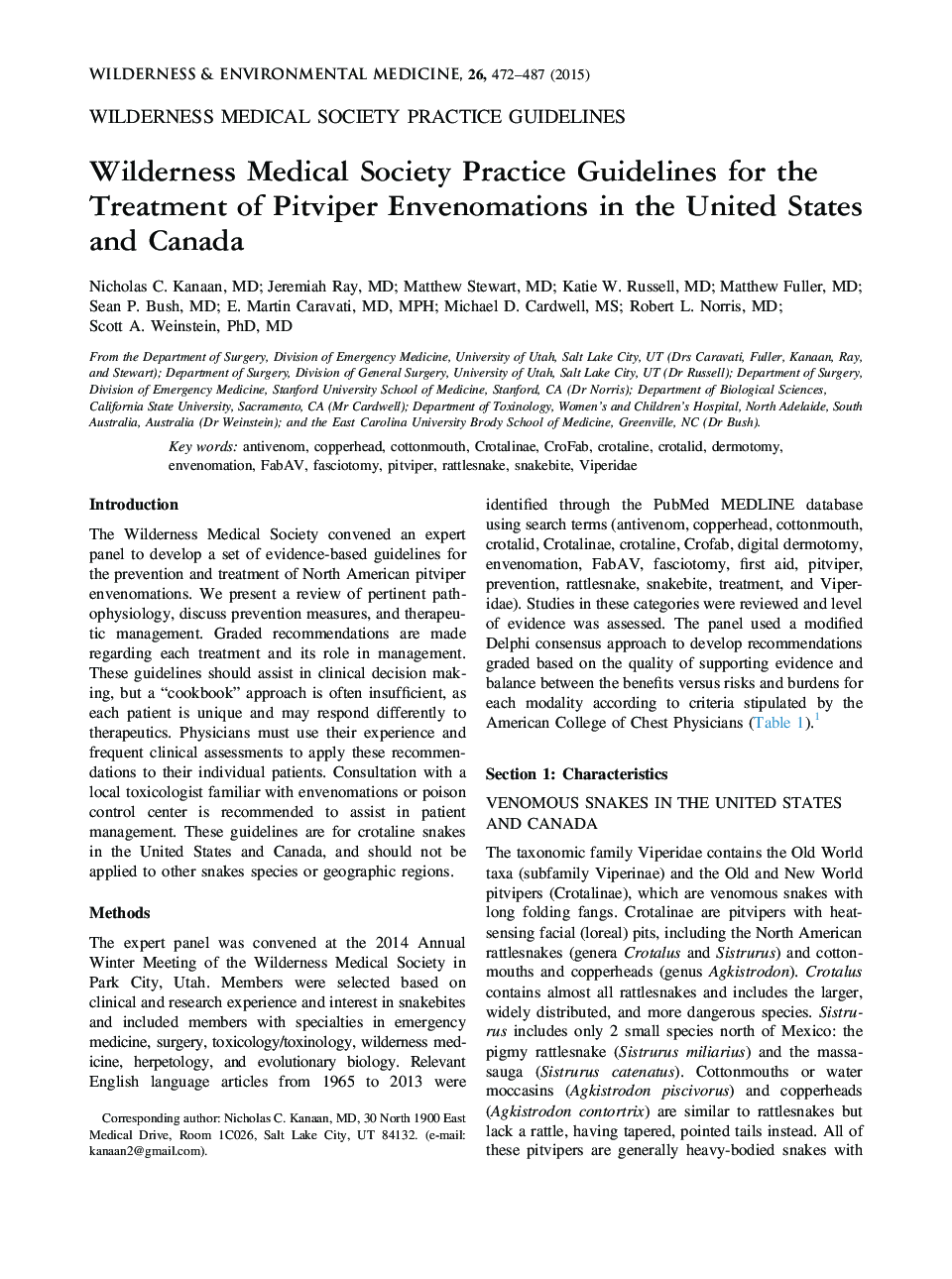 Wilderness Medical Society Practice Guidelines for the Treatment of Pitviper Envenomations in the United States and Canada