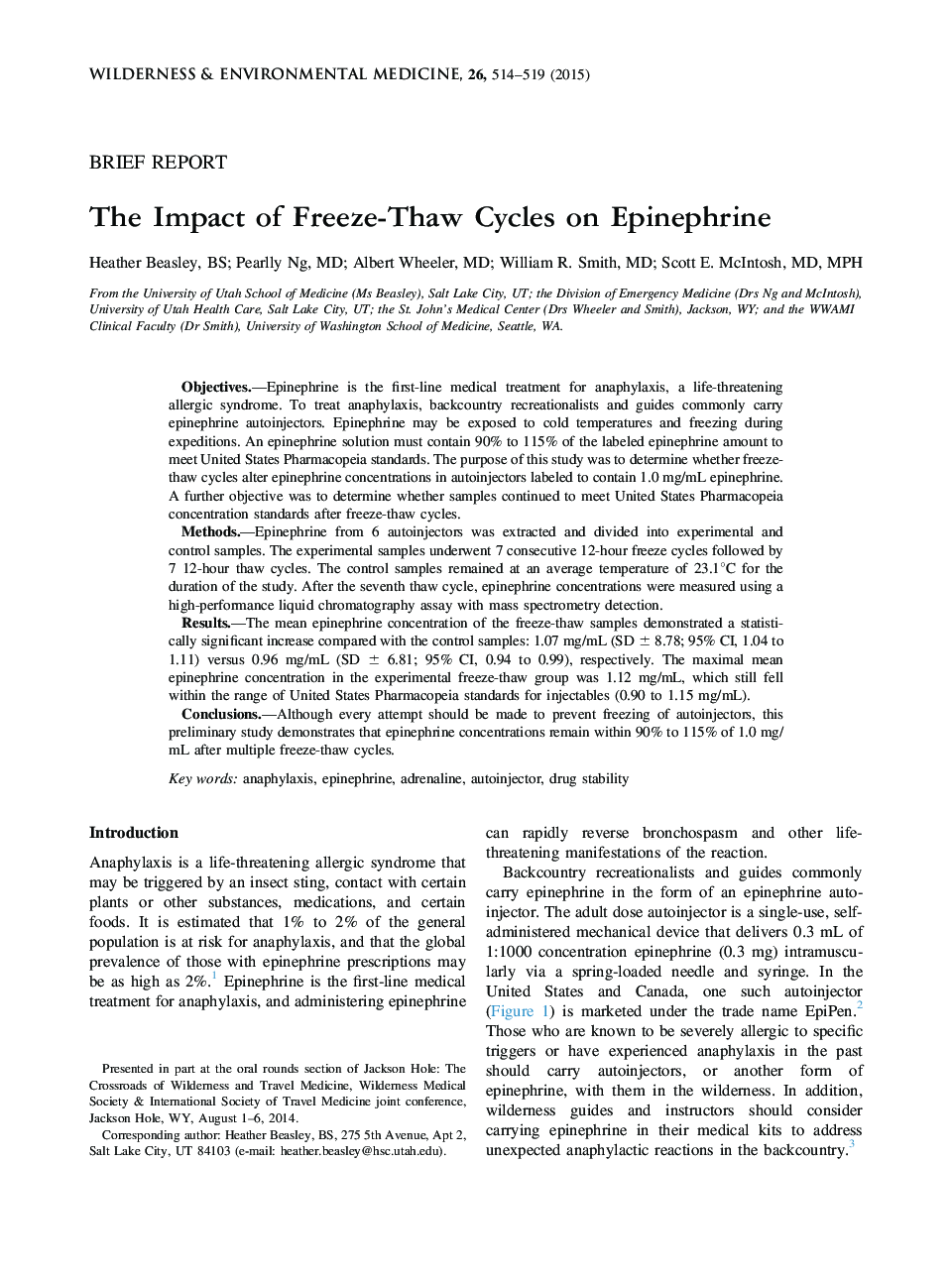 The Impact of Freeze-Thaw Cycles on Epinephrine 