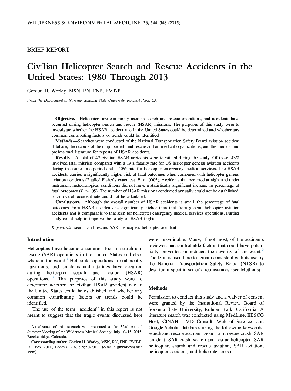 Civilian Helicopter Search and Rescue Accidents in the United States: 1980 Through 2013 