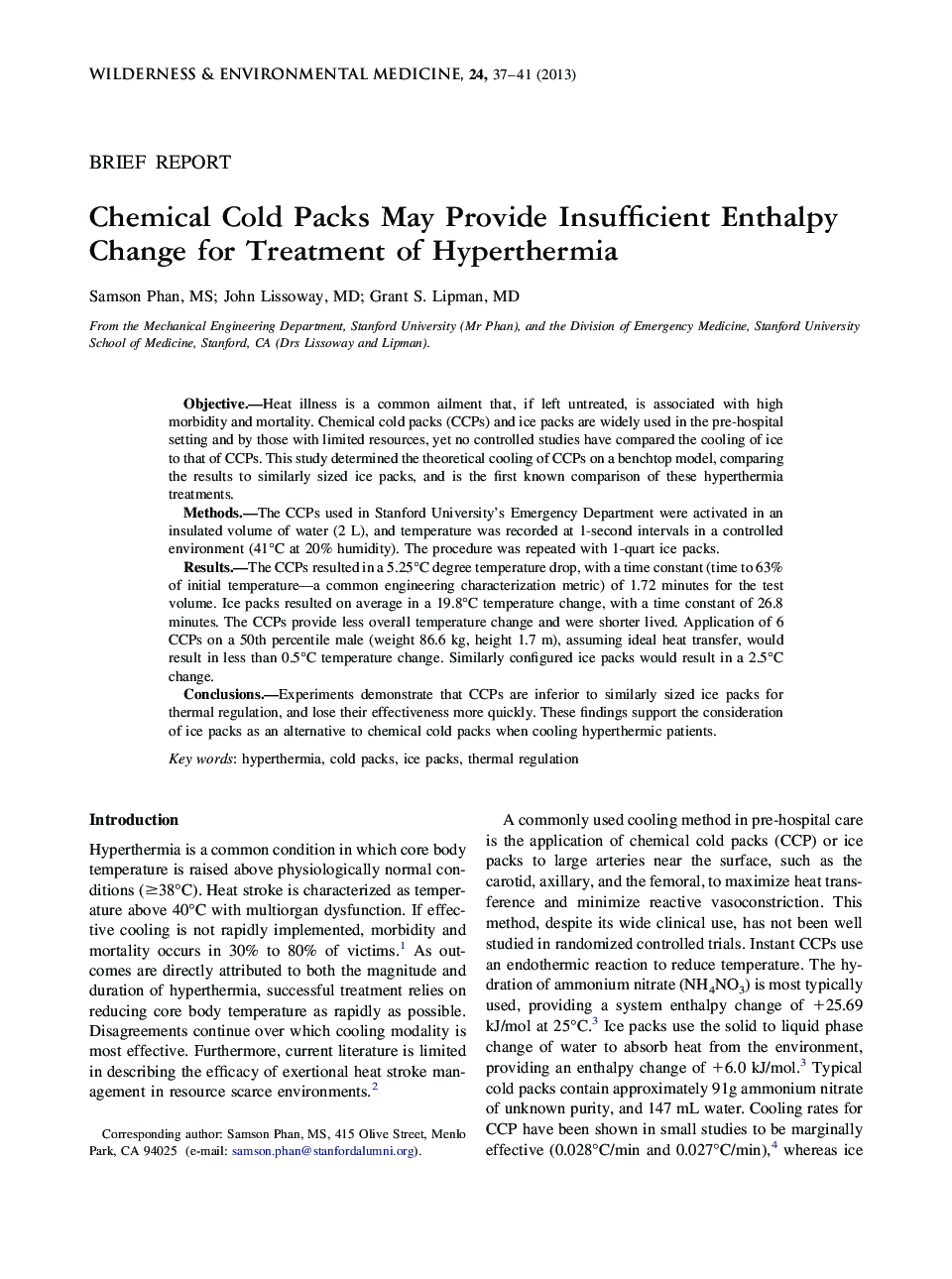 Chemical Cold Packs May Provide Insufficient Enthalpy Change for Treatment of Hyperthermia