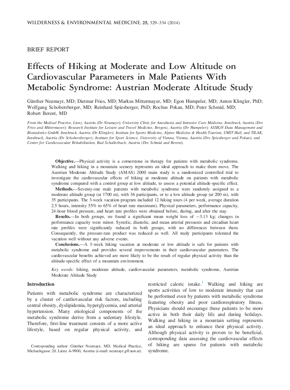 Effects of Hiking at Moderate and Low Altitude on Cardiovascular Parameters in Male Patients With Metabolic Syndrome: Austrian Moderate Altitude Study