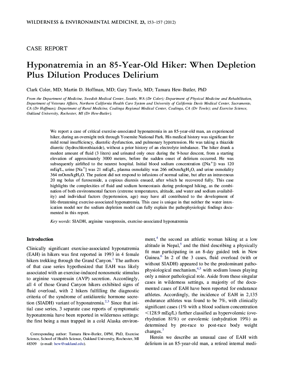 Hyponatremia in an 85-Year-Old Hiker: When Depletion Plus Dilution Produces Delirium