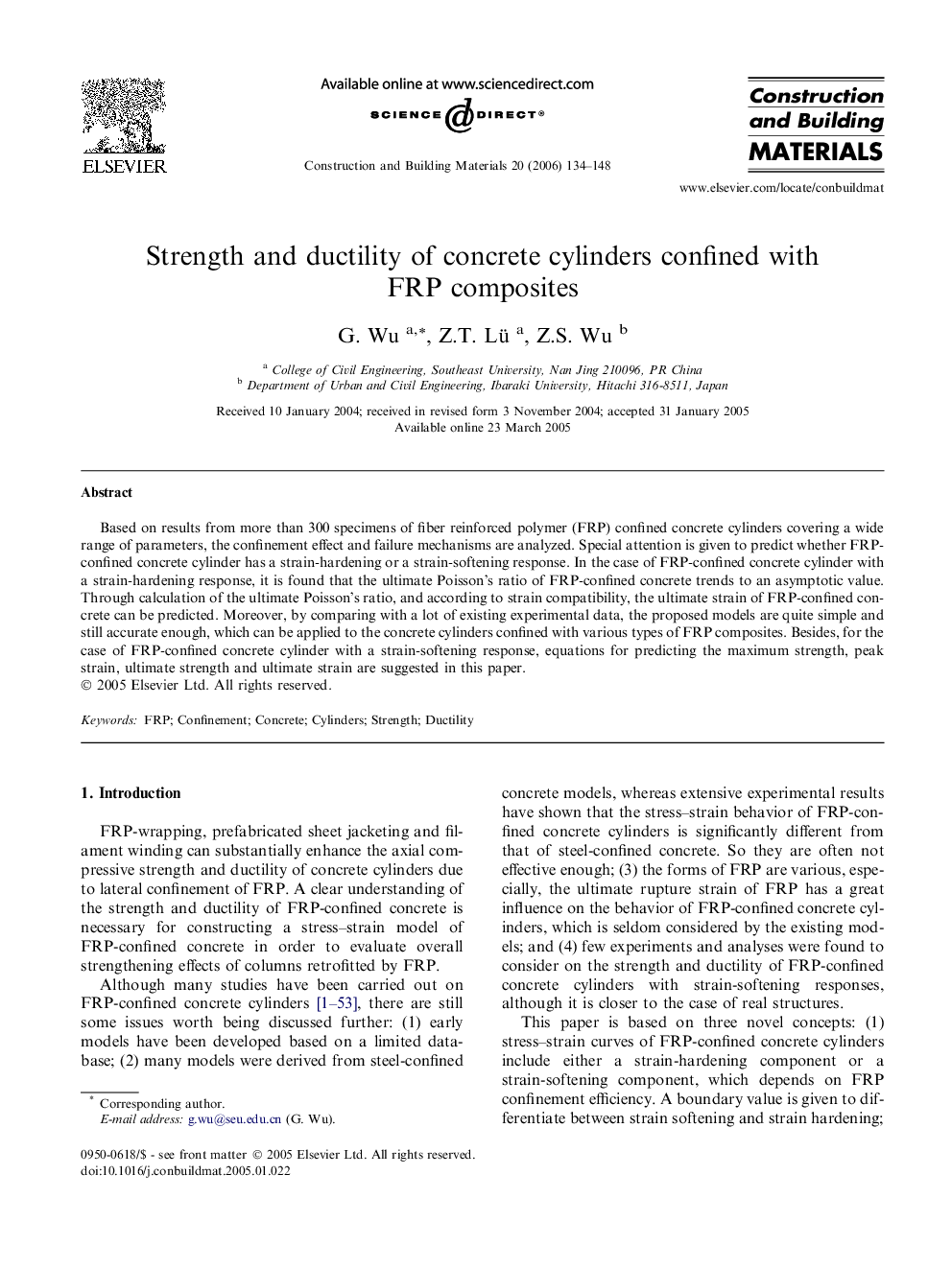 Strength and ductility of concrete cylinders confined with FRP composites