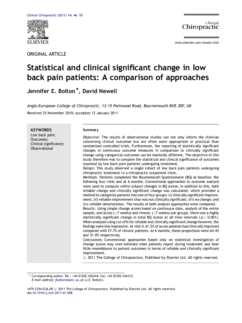 Statistical and clinical significant change in low back pain patients: A comparison of approaches