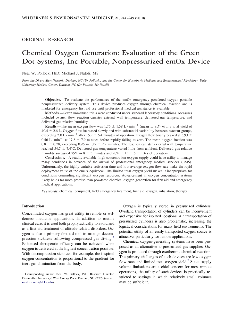 Chemical Oxygen Generation: Evaluation of the Green Dot Systems, Inc Portable, Nonpressurized emOx Device