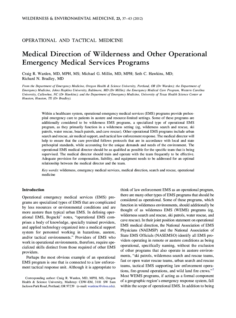 Medical Direction of Wilderness and Other Operational Emergency Medical Services Programs
