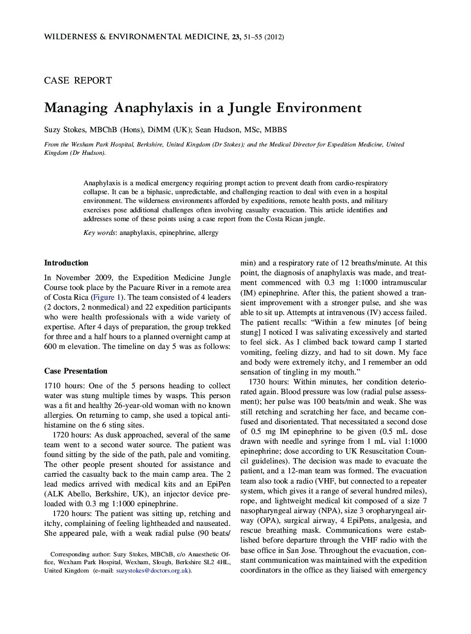 Managing Anaphylaxis in a Jungle Environment