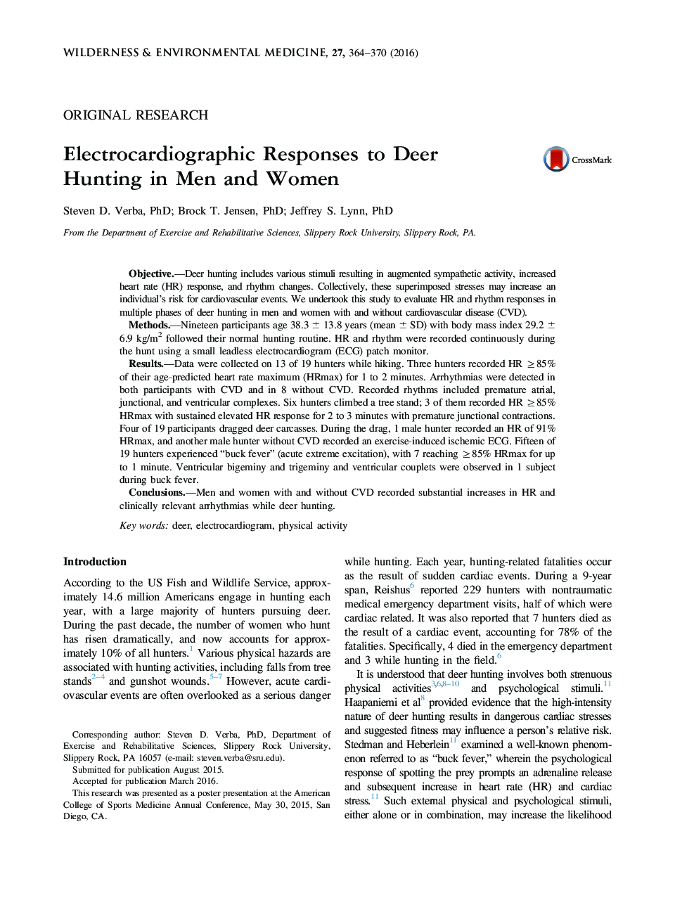 Electrocardiographic Responses to Deer Hunting in Men and Women 