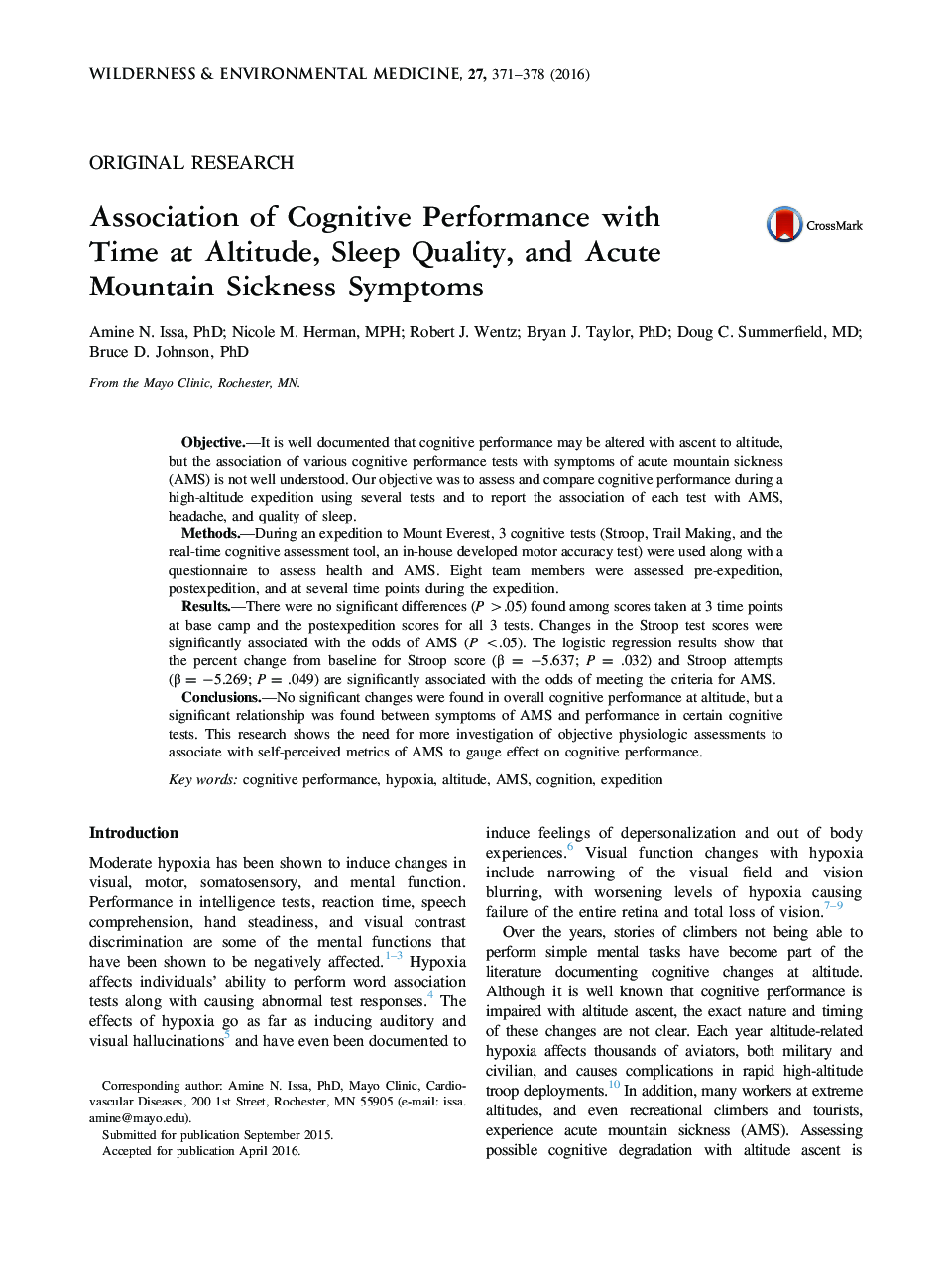 Association of Cognitive Performance with Time at Altitude, Sleep Quality, and Acute Mountain Sickness Symptoms 