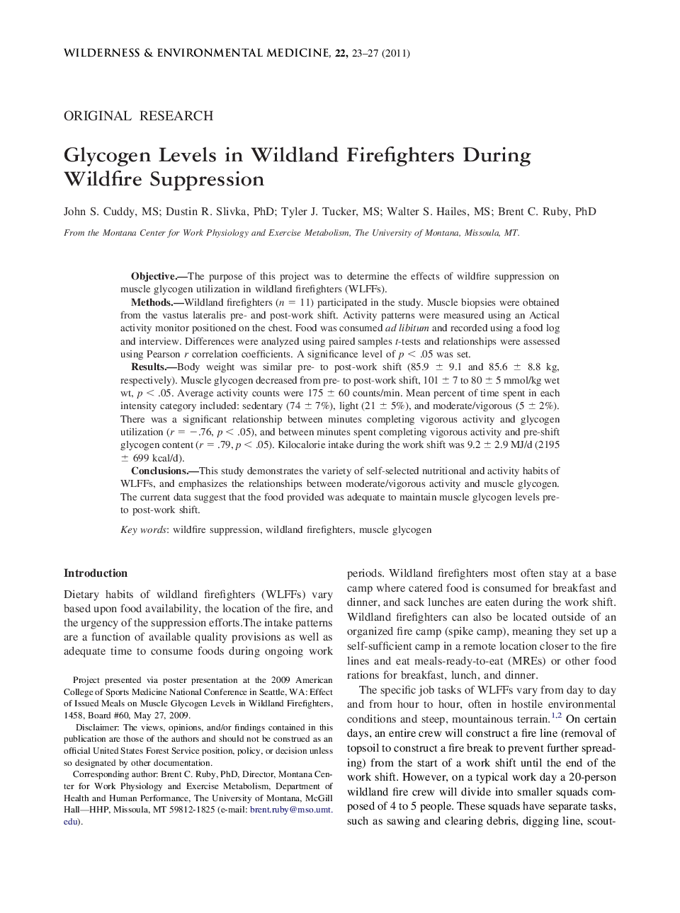 Glycogen Levels in Wildland Firefighters During Wildfire Suppression 