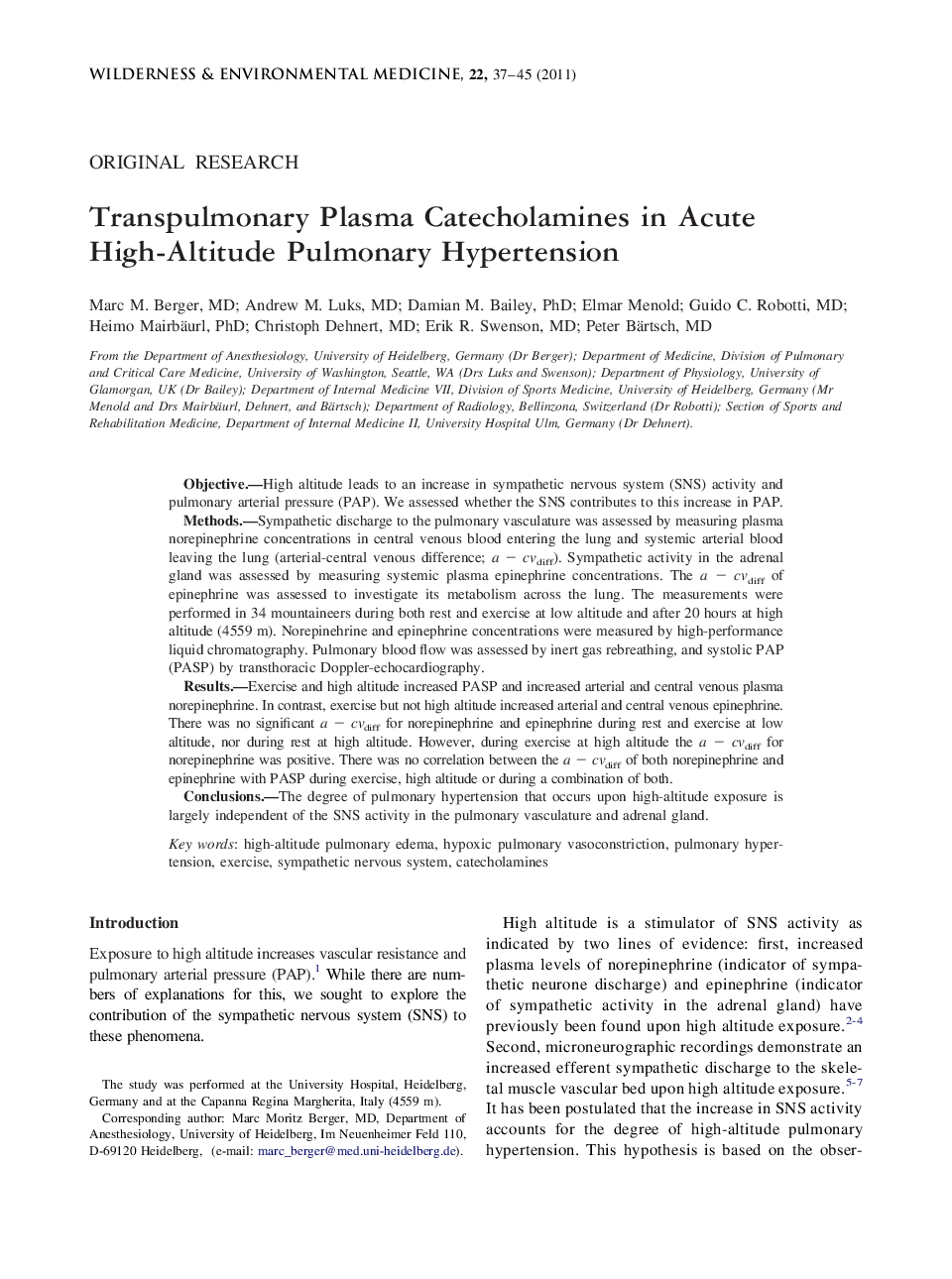 Transpulmonary Plasma Catecholamines in Acute High-Altitude Pulmonary Hypertension 