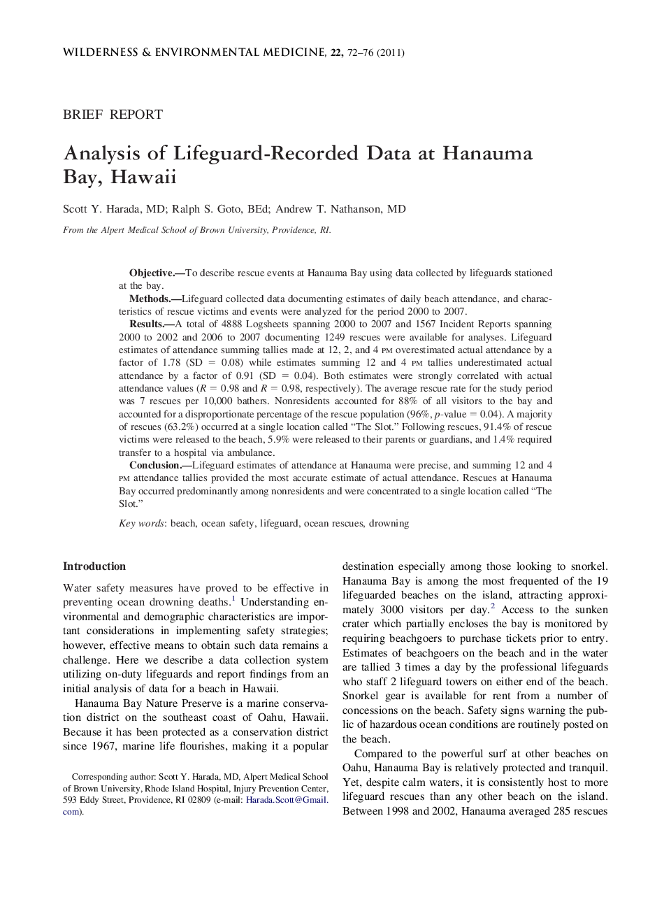 Analysis of Lifeguard-Recorded Data at Hanauma Bay, Hawaii