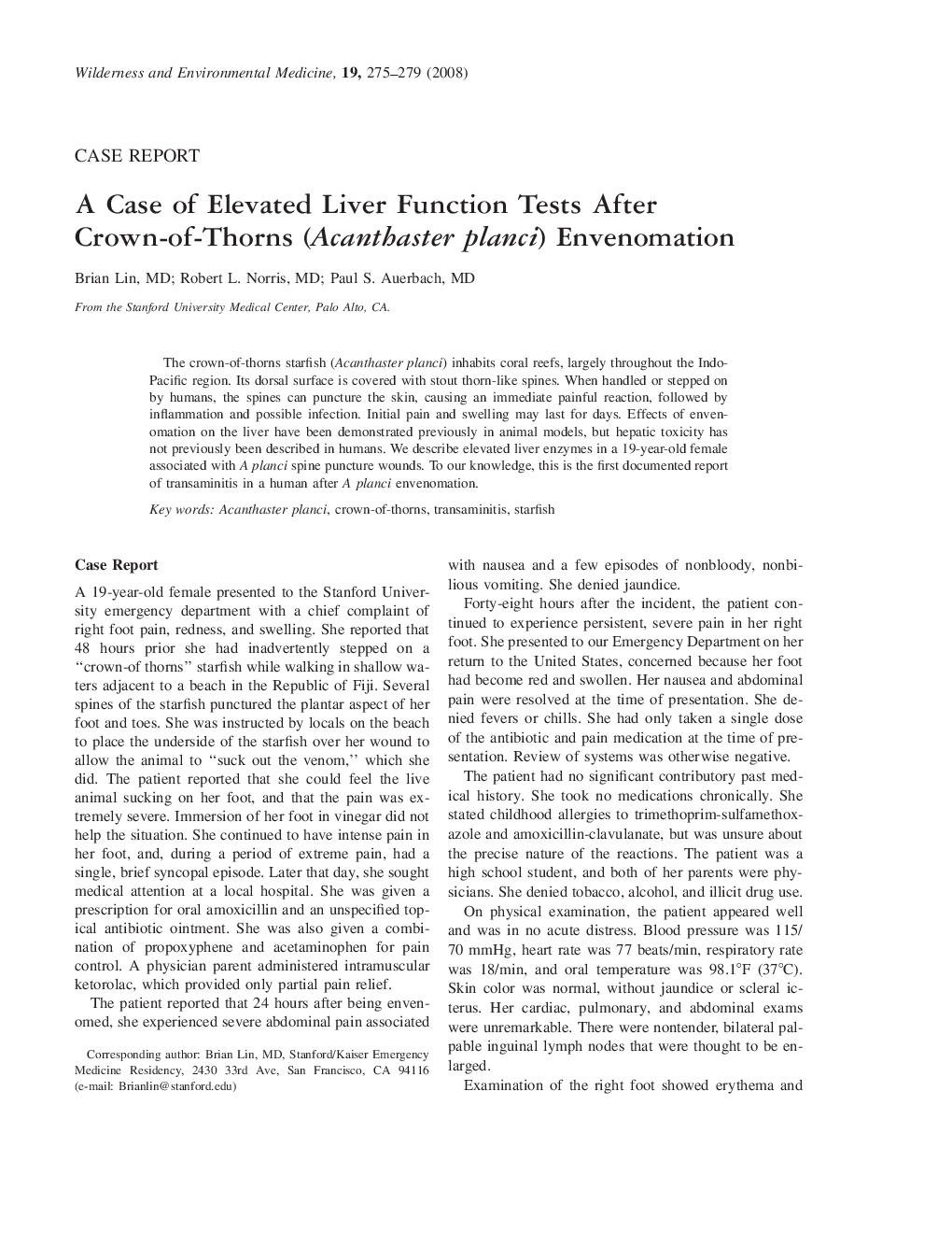 A Case of Elevated Liver Function Tests After Crown-of-Thorns (Acanthaster planci) Envenomation