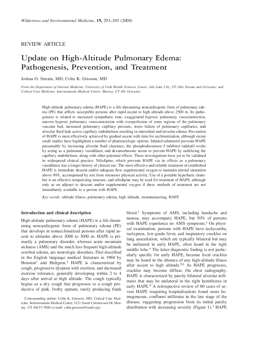 Update on High-Altitude Pulmonary Edema: Pathogenesis, Prevention, and Treatment