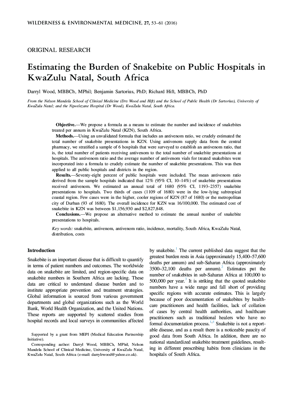 Estimating the Burden of Snakebite on Public Hospitals in KwaZulu Natal, South Africa 