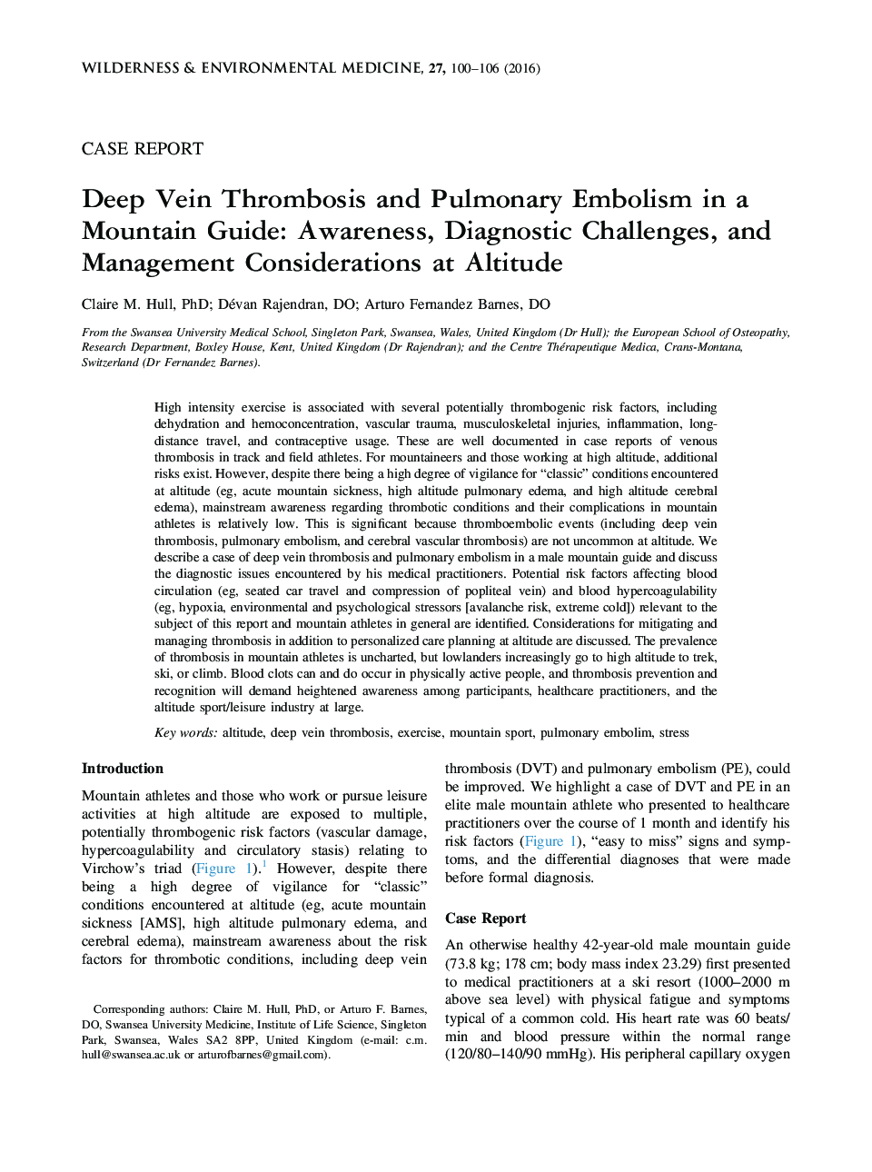 Deep Vein Thrombosis and Pulmonary Embolism in a Mountain Guide: Awareness, Diagnostic Challenges, and Management Considerations at Altitude