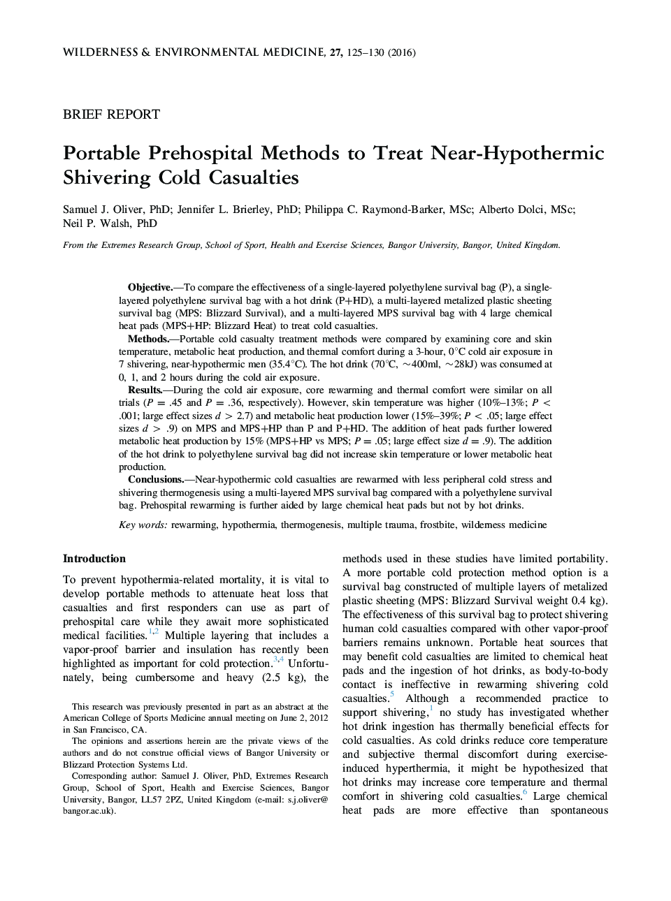 Portable Prehospital Methods to Treat Near-Hypothermic Shivering Cold Casualties 