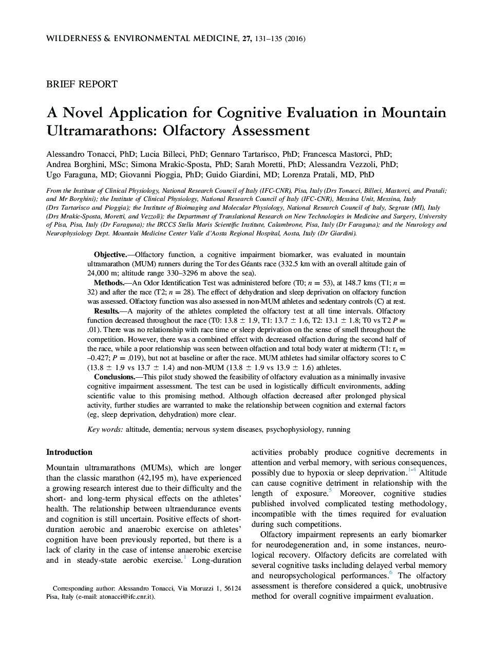 A Novel Application for Cognitive Evaluation in Mountain Ultramarathons: Olfactory Assessment