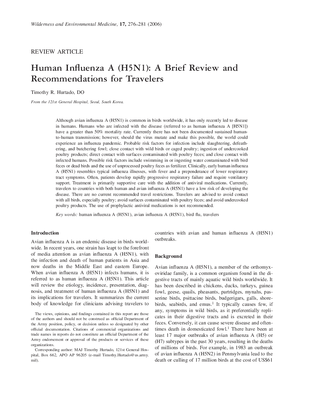 عکس صفحه اول مقاله: Human Influenza A (H5N1): A Brief Review and Recommendations for Travelers Human Influenza A (H5N1): A Brief Review and Recommendations for Travelers