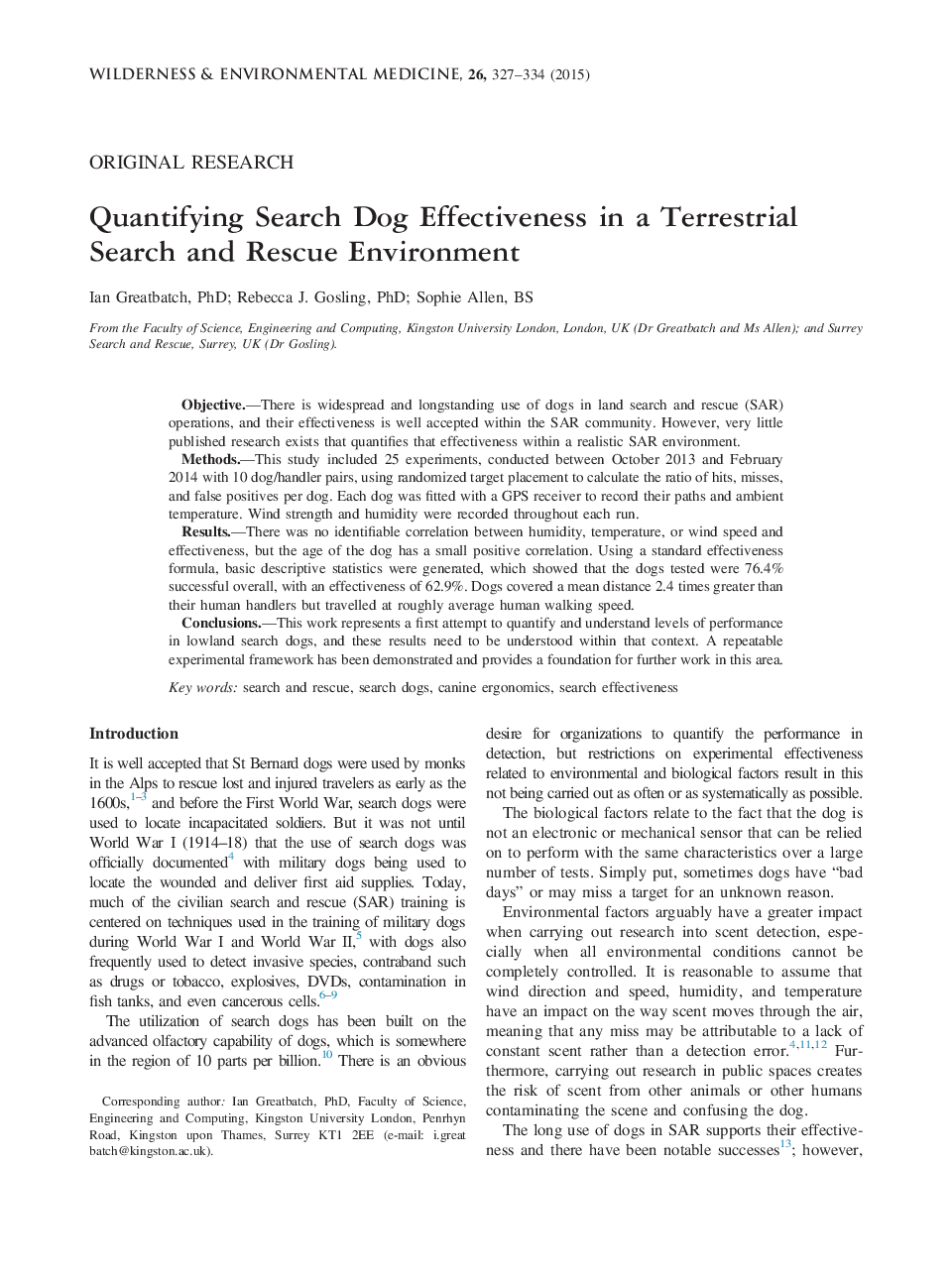 Quantifying Search Dog Effectiveness in a Terrestrial Search and Rescue Environment