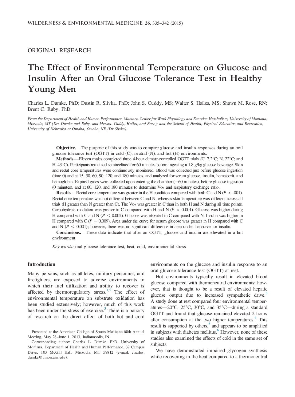 The Effect of Environmental Temperature on Glucose and Insulin After an Oral Glucose Tolerance Test in Healthy Young Men