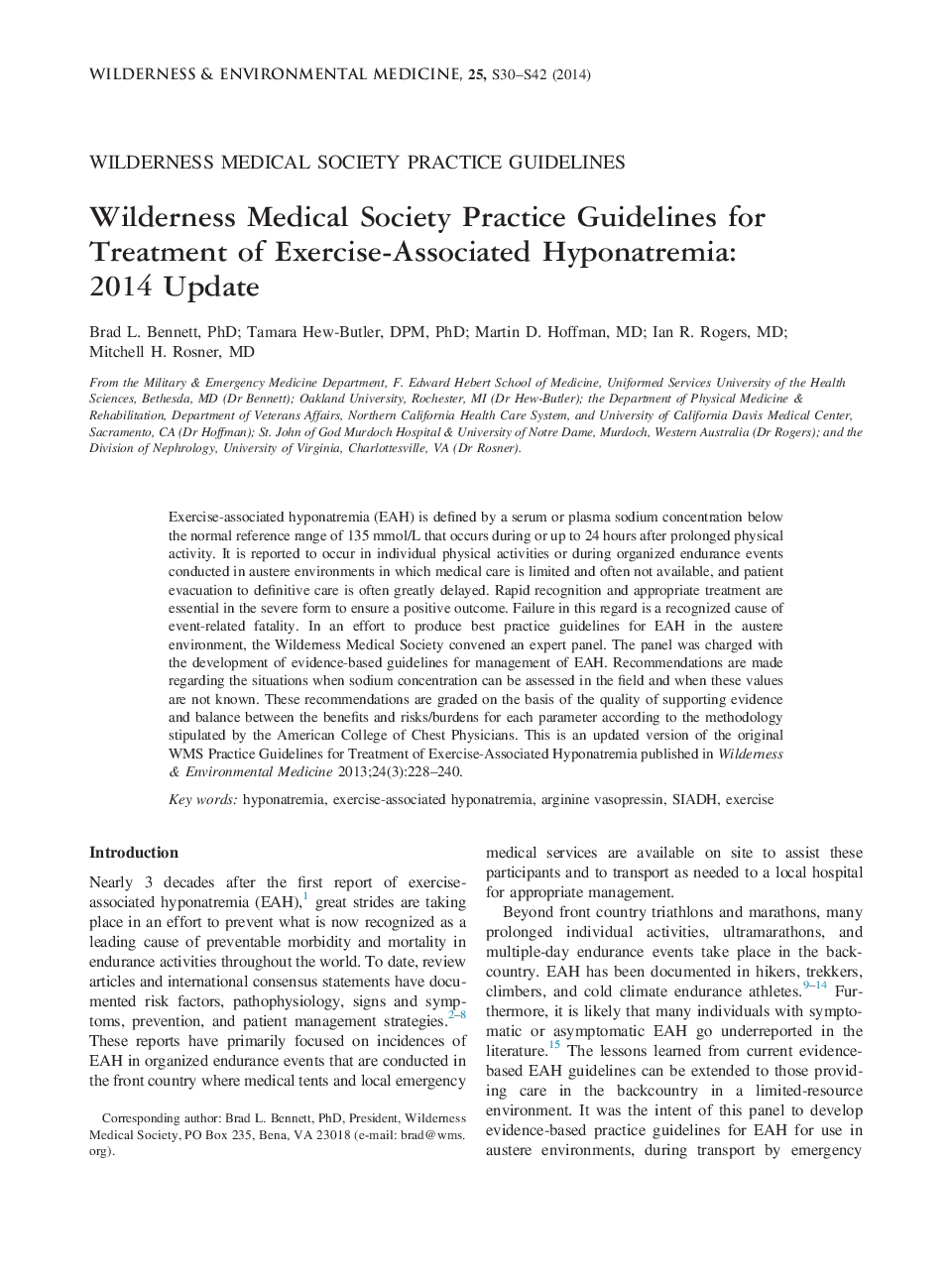 Wilderness Medical Society Practice Guidelines for Treatment of Exercise-Associated Hyponatremia: 2014 Update