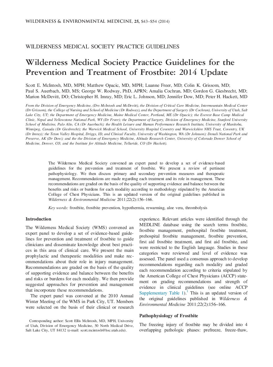 Wilderness Medical Society Practice Guidelines for the Prevention and Treatment of Frostbite: 2014 Update