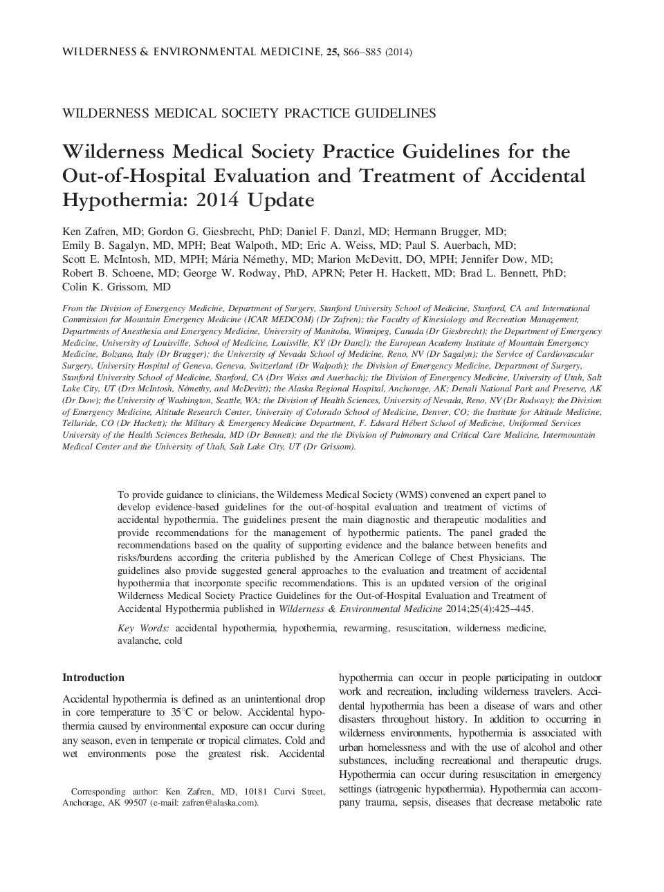 Wilderness Medical Society Practice Guidelines for the Out-of-Hospital Evaluation and Treatment of Accidental Hypothermia: 2014 Update