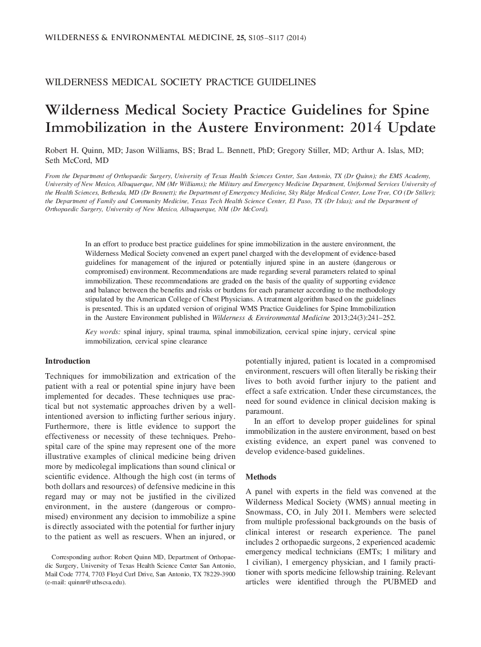 Wilderness Medical Society Practice Guidelines for Spine Immobilization in the Austere Environment: 2014 Update