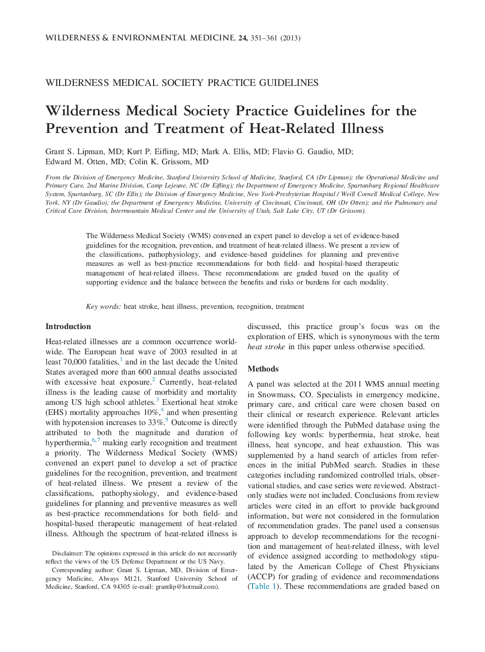 Wilderness Medical Society Practice Guidelines for the Prevention and Treatment of Heat-Related Illness 