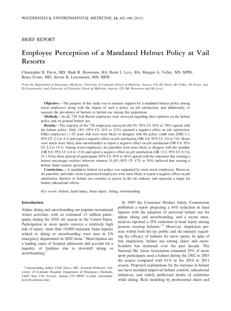 Employee Perception of a Mandated Helmet Policy at Vail Resorts