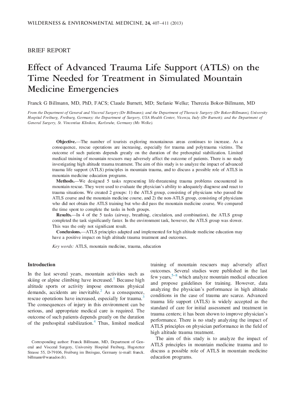 Effect of Advanced Trauma Life Support (ATLS) on the Time Needed for Treatment in Simulated Mountain Medicine Emergencies 