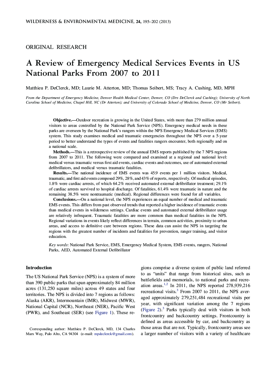 A Review of Emergency Medical Services Events in US National Parks From 2007 to 2011