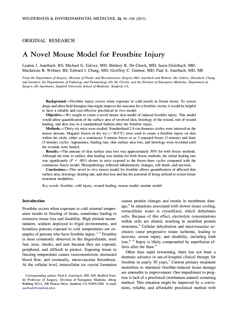 A Novel Mouse Model for Frostbite Injury